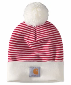 Men 'Carhartt' Adult Knit Pom Pom Cuffed Beanie - Red Stripe