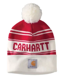 Men 'Carhartt' Adult Knit Pom Pom Cuffed Logo Beanie - Red / White