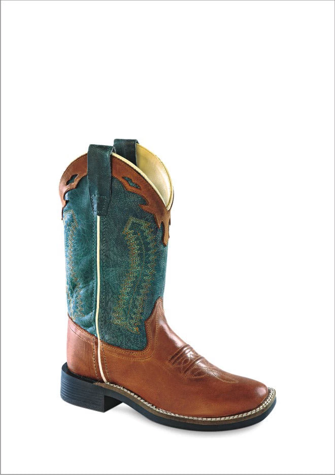 'Old West' Child's 9" Western Square Toe - Cognac / Teal 3 'Old West' Child's 9" Western Square Toe - Cognac / Teal
