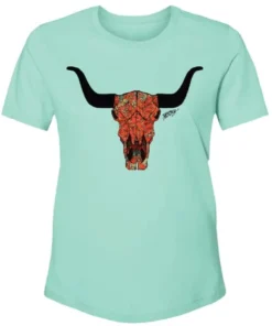 'Hooey' Women's Floral Skull Crew Neck Short Sleeve Tee - Turquoise Clothing