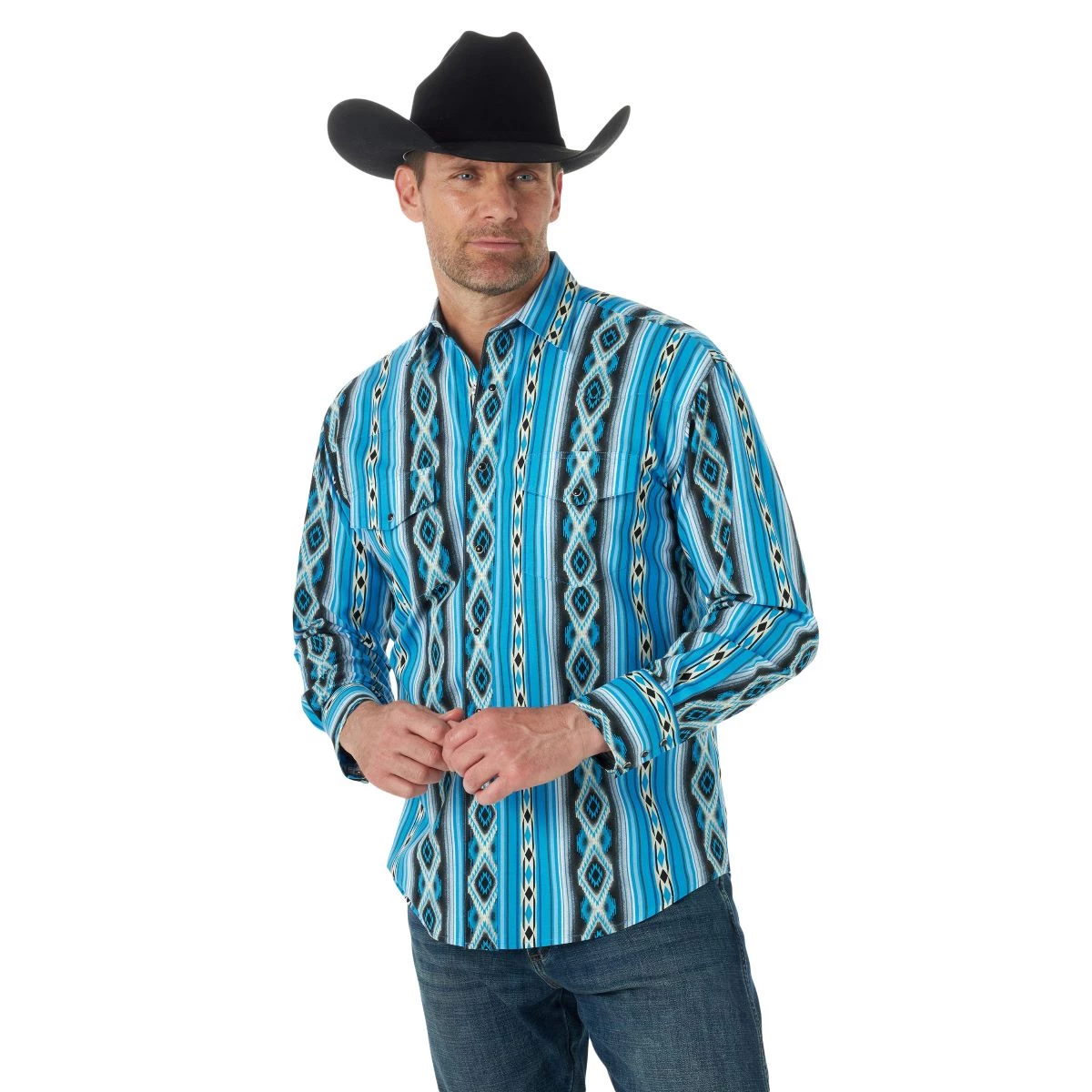 'Wrangler' Men's Checotah Print Western Snap Front - Blue / Black 3 'Wrangler' Men's Checotah Print Western Snap Front - Blue / Black