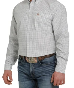 'Cinch' Men's Plaid Long Sleeve Button Down -WHITE