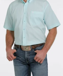 'Cinch' Men's Geometric Print Short Sleeve Button Down - Light Blue