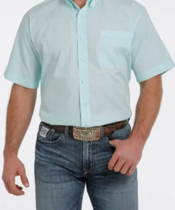 'Cinch' Men's Geometric Print Short Sleeve Button Down - Light Blue