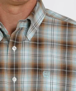 'Cinch' Men's Ombre Plaid Short Sleeve Button Down Shirt - Brown/Turquoise