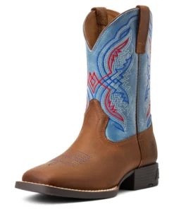 'Ariat' Youth Double Kicker Square Toe - Distressed Brown / Stone Blue