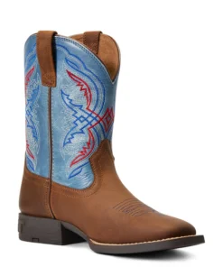 'Ariat' Youth Double Kicker Square Toe - Distressed Brown / Stone Blue