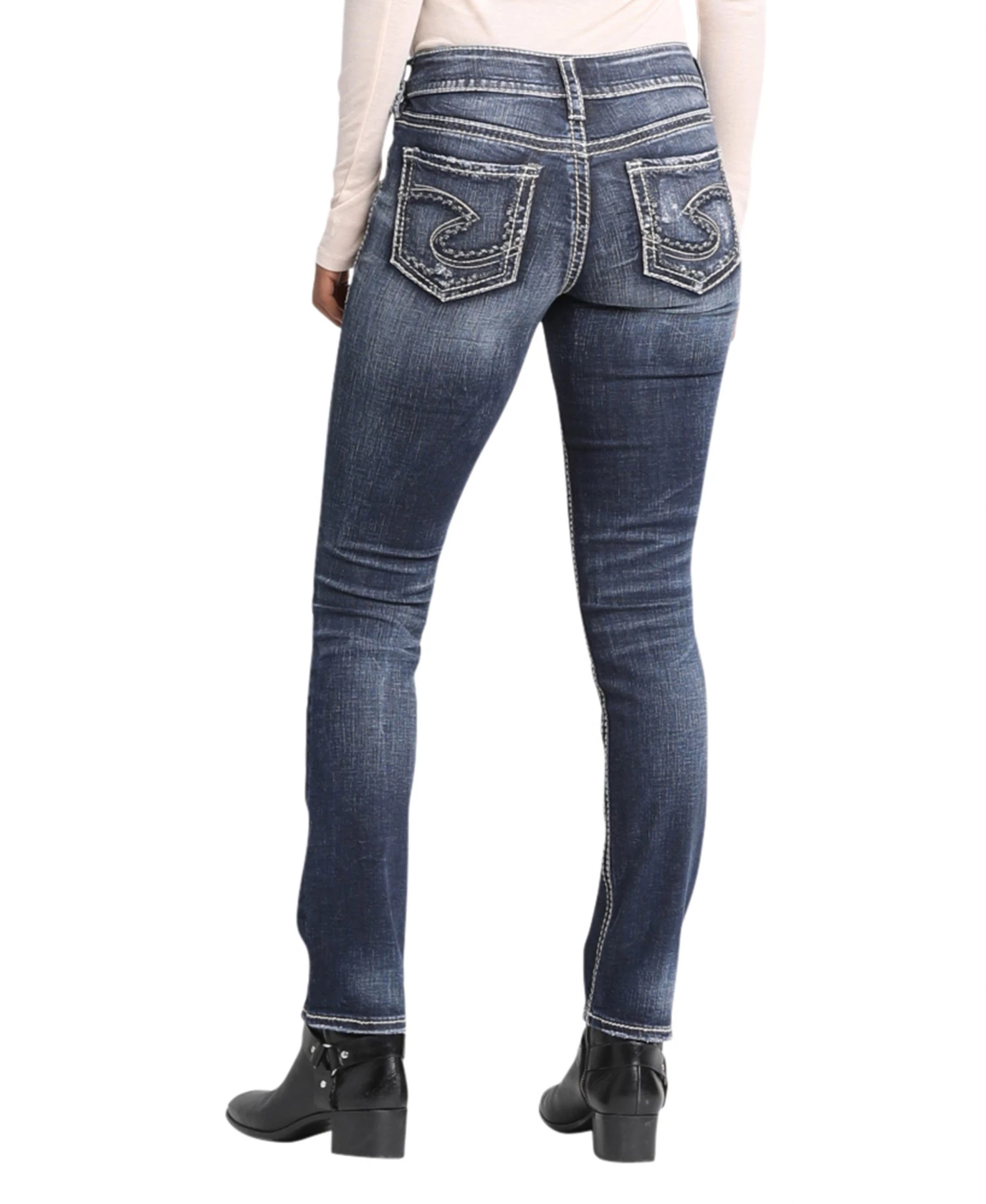 SILVER JEANS CO 'Silver Jeans' Women's Suki Mid Rise Straight Leg - Distressed Dark Indigo 4 SILVER JEANS CO 'Silver Jeans' Women's Suki Mid Rise Straight Leg - Distressed Dark Indigo
