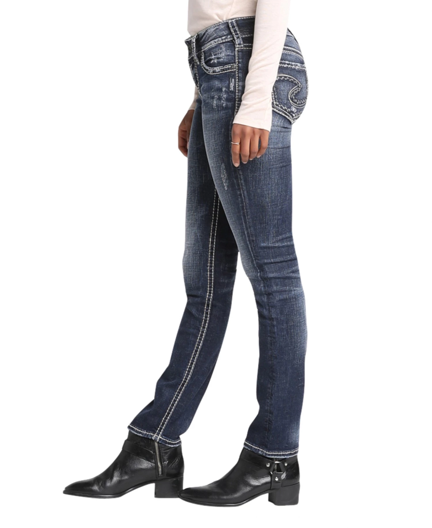 SILVER JEANS CO 'Silver Jeans' Women's Suki Mid Rise Straight Leg - Distressed Dark Indigo 5 SILVER JEANS CO 'Silver Jeans' Women's Suki Mid Rise Straight Leg - Distressed Dark Indigo